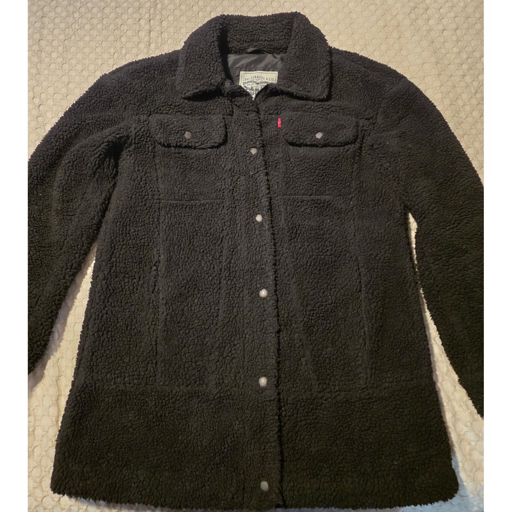 Levi Strauss Sherpa Fleece Jacket Mens Small Black Excellent Zip Front Trucker